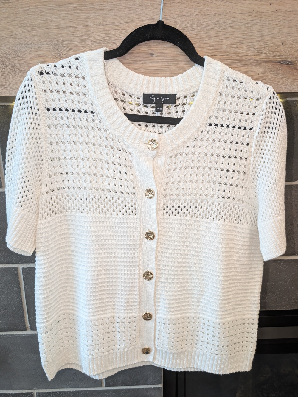 Lily Morgan White Short-Sleeve Open-Knit Button Cardigan